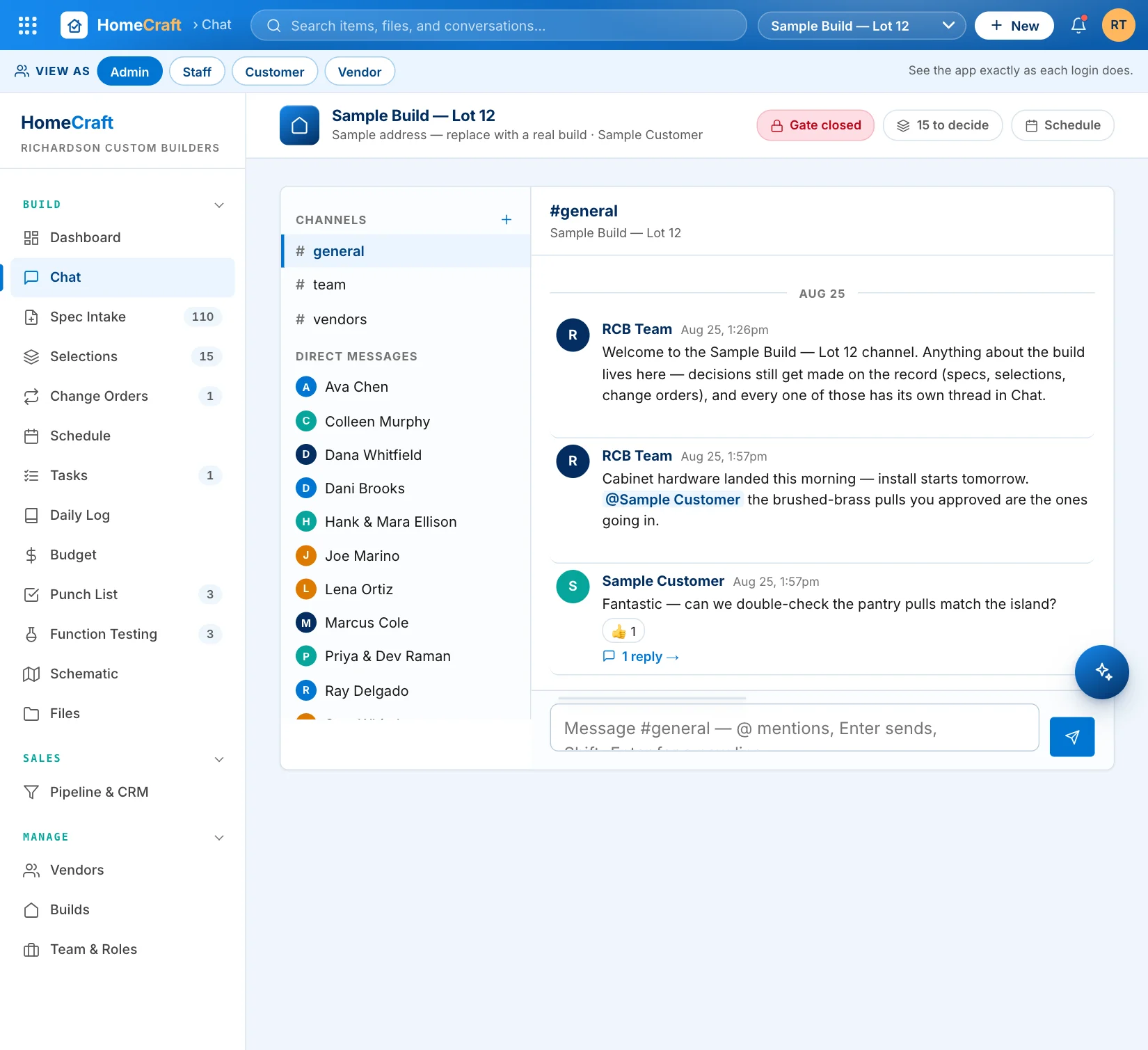 Built-in chat: build channels and direct messages, an @mention to the customer, a thumbs-up reaction, and a reply thread