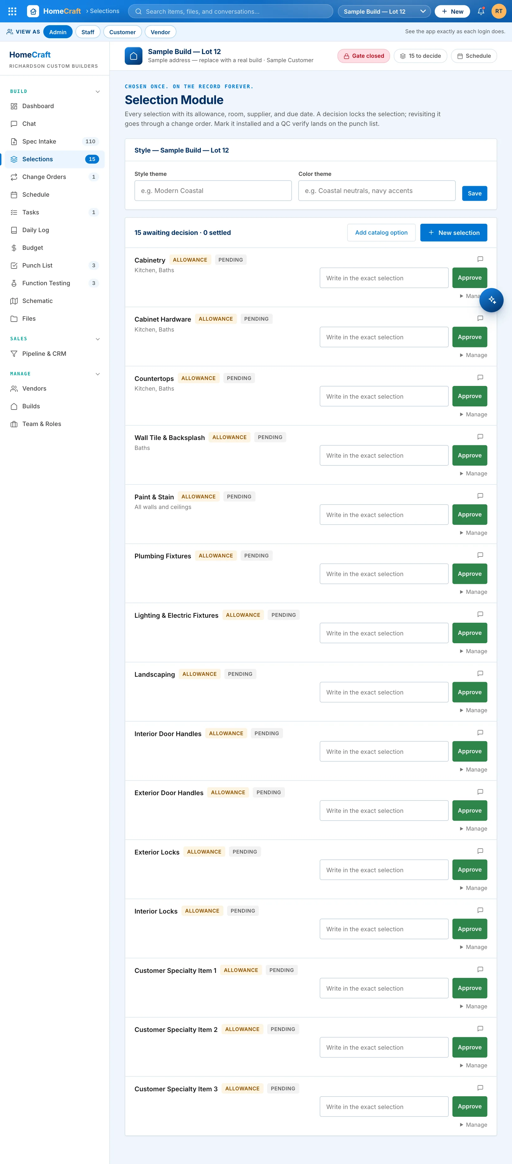 Selection module: every allowance selection with status, write-in decisions, and one-click approval